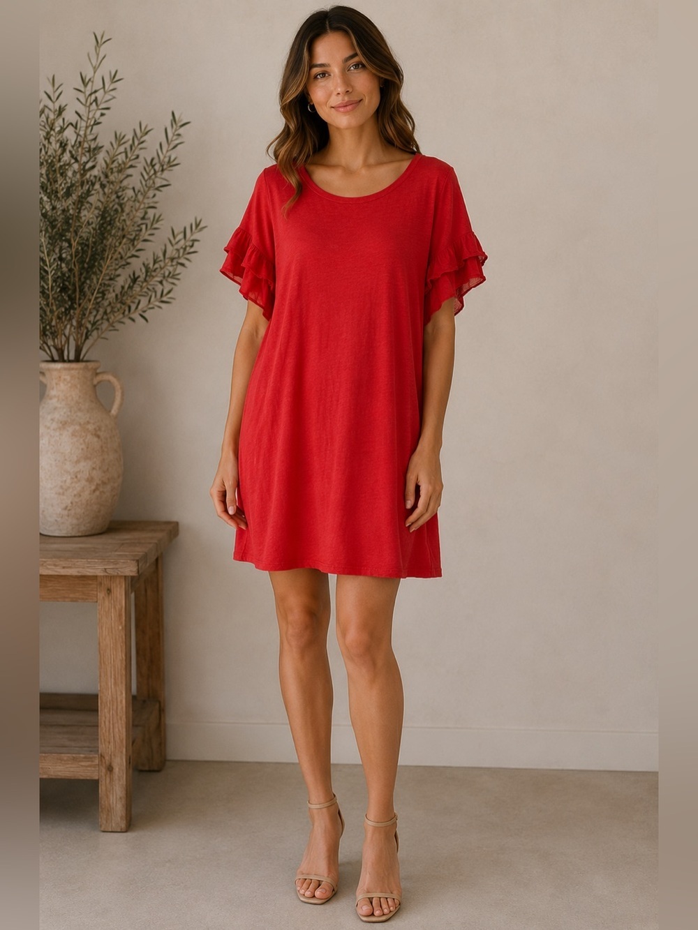 Velvet Graham Spencer Red Ruffle Sleeve Slub Dress Tunic Boho Tomato Girl Medium
